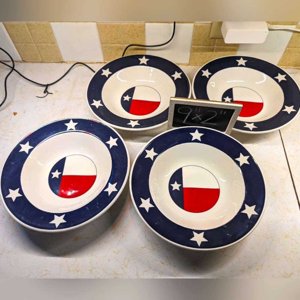 Totally‎ Today set 4 9"x2" vintage Texas flag soup/cereal ceramic bowls